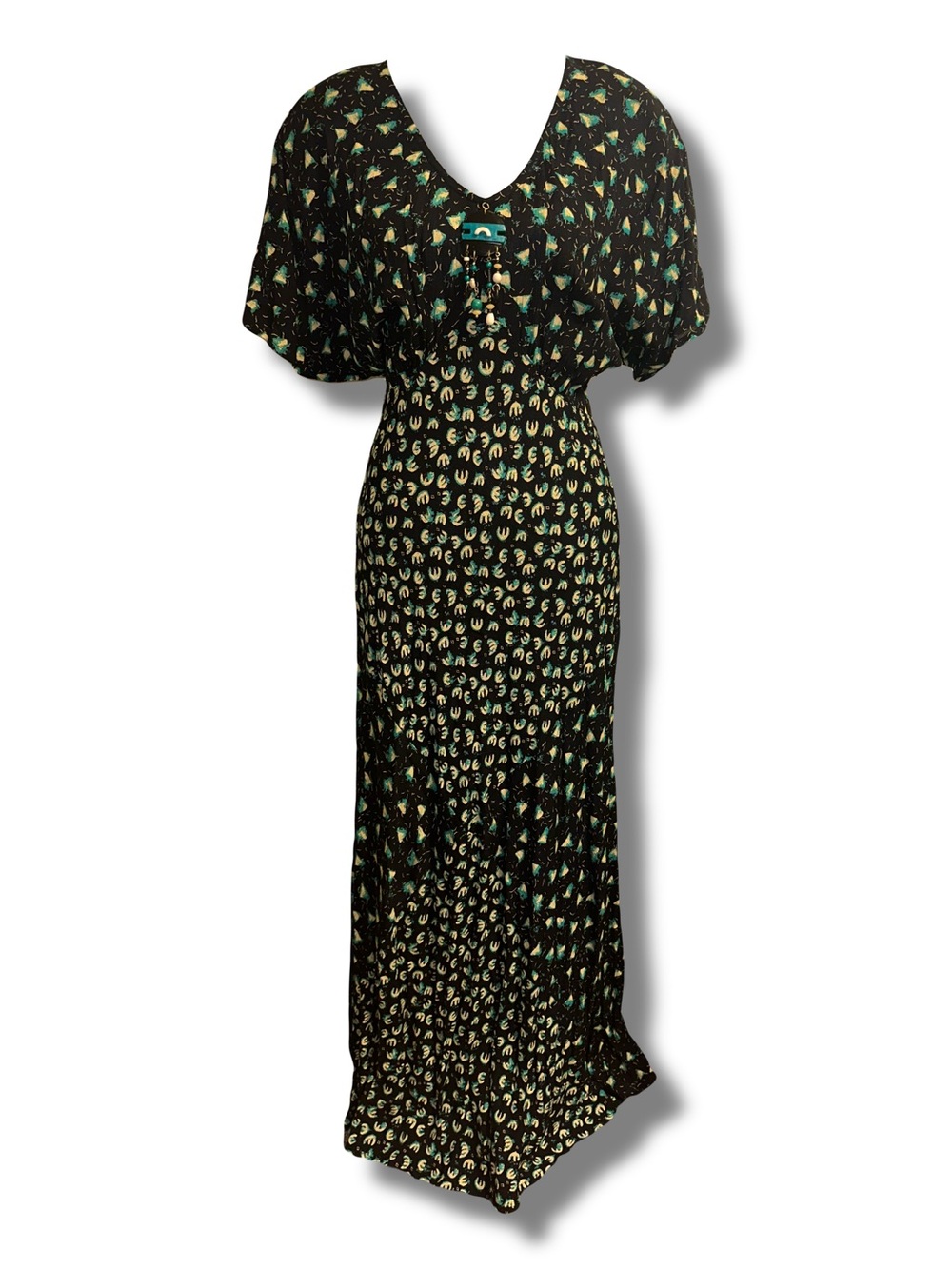Vtg Abstract Bohemian Print Dress w/ Pendant